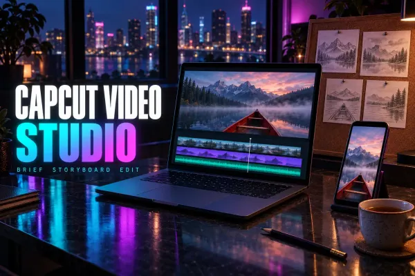Laptop with a red canoe on a misty mountain lake above a timeline, a phone with the same scene, a corkboard of pencil storyboard sketches and tea, under the title CapCut Video Studio