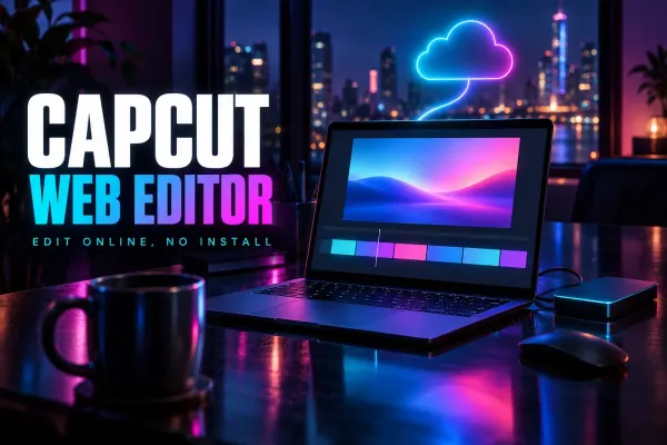 Laptop on a night desk showing a video frame above a colorful timeline, linked to a glowing cloud, with a hard drive and mouse beside it, under the title CapCut Web Editor