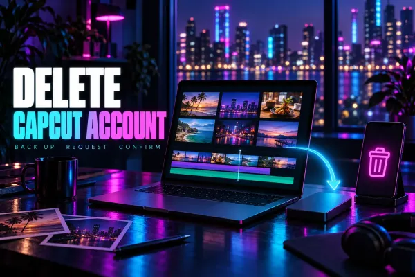 Delete CapCut Account title beside a laptop of clip thumbnails, an arrow toward an external drive for backup and a phone showing a trash icon