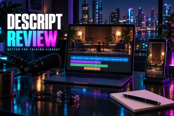 Laptop with an audio waveform timeline and a phone on a stand showing an empty two-chair podcast studio, with a boom mic, in-ear monitors and paper, under the title Descript Review