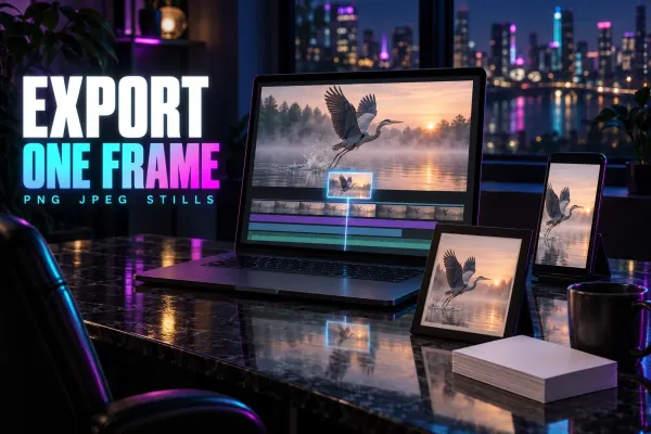 Laptop with a heron rising off a misty lake as one timeline frame lifts out as a still, a framed print and a phone with the same picture, under the title Export One Frame