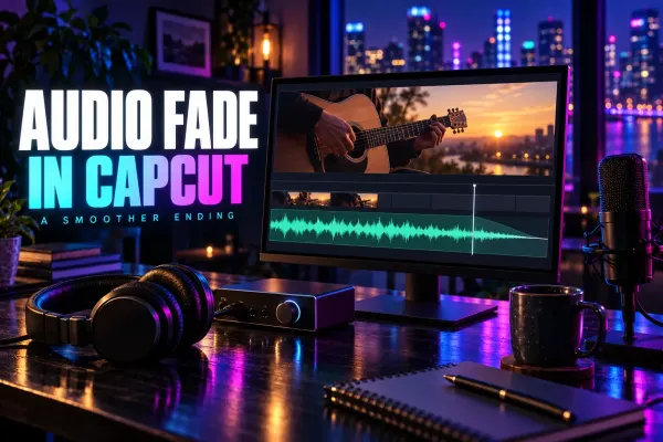 Guitar video and tapering waveform on a monitor beside headphones and the title Audio Fade in CapCut