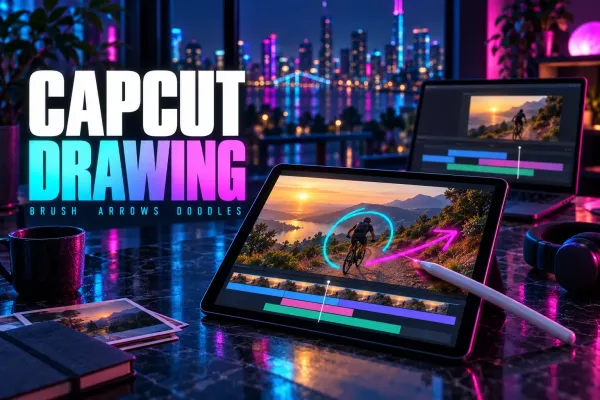 CapCut Drawing title beside a tablet where a stylus draws a magenta arrow and a cyan circle over a mountain-bike clip