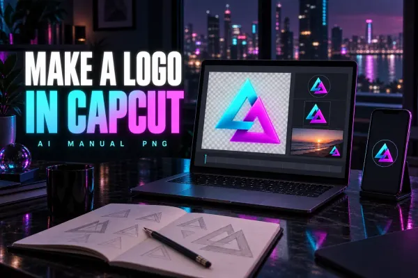 Laptop with a cyan and magenta triangle emblem on a transparency checkerboard, profile and video-corner previews, a phone with the round emblem, a sketchbook of triangles, titled Make a Logo