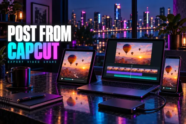 Laptop, tablet and phone showing the same balloon video beside the title Post from CapCut