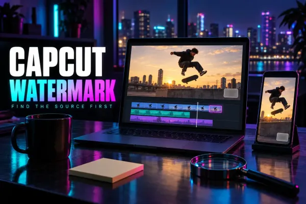 Laptop timeline with a highlighted ending clip and a phone on a stand showing a skateboard kickflip at sunset, with a magnifier, sticky notes and a mug, under the title CapCut Watermark