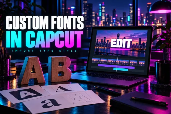 Laptop title card, letter blocks and type sheets beside the title Custom Fonts in CapCut