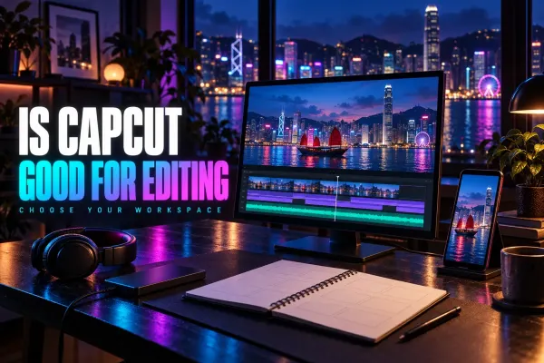 Desktop video timeline, phone and storyboard notebook beside the title Is CapCut Good for Editing