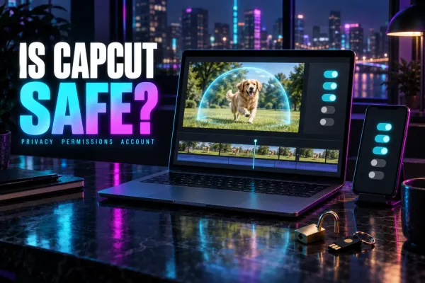 Laptop with a golden retriever in a park under a cyan glass dome, five privacy toggles with three on, a phone with matching toggles, a brass padlock, a security key, titled Is CapCut Safe