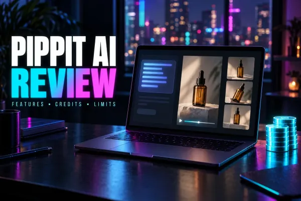 Pippit AI review cover: a neon-lit desk with a laptop showing a prompt panel, a vertical video of an amber dropper bottle on a stone plinth and three angle thumbnails, beside cyan coins