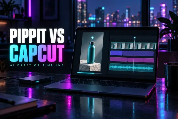 Laptop with a vertical AI product-video draft beside a multi-track editing timeline under the title Pippit vs CapCut