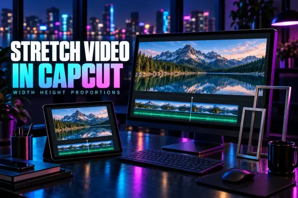 Monitor and tablet showing a mountain-lake video in different proportions beside the title Stretch Video in CapCut