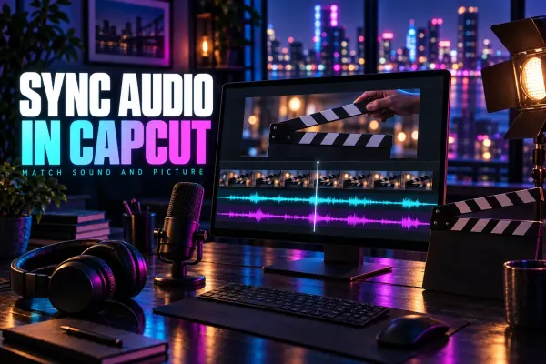 Clapperboard, microphone and aligned video and audio tracks beside the title Sync Audio in CapCut