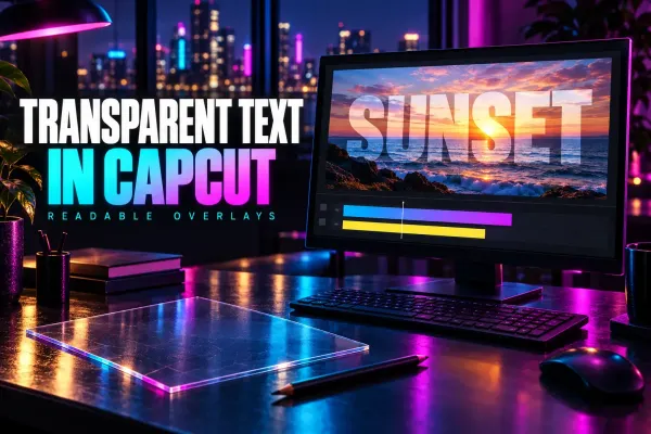 Sunset video with translucent text on an editing monitor beside the title Transparent Text in CapCut