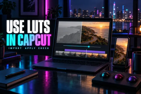 Laptop with a coastal cliff road split between flat grey and warm graded colour, an intensity slider, a violet adjustment bar over clips, a phone, trackballs, titled Use LUTs in CapCut