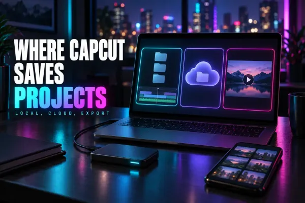 Laptop showing stacked folders over a timeline, a cloud with a folder and a mountain lake video frame, beside an external drive and a phone, under the title Where CapCut Saves Projects