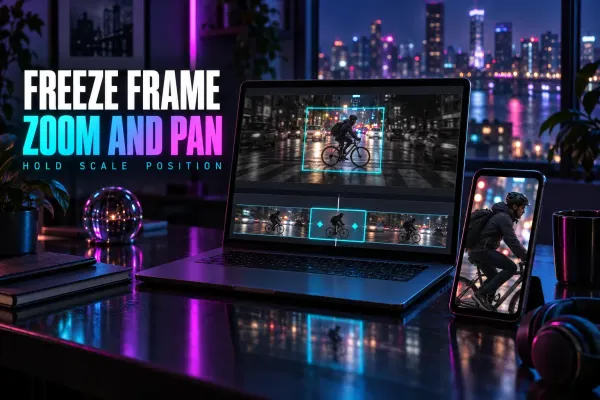 Laptop with a cyclist on a night street framed by a cyan crop box, a held frozen clip with keyframes between moving clips, a phone with the zoomed cyclist, a mug, titled Freeze Frame