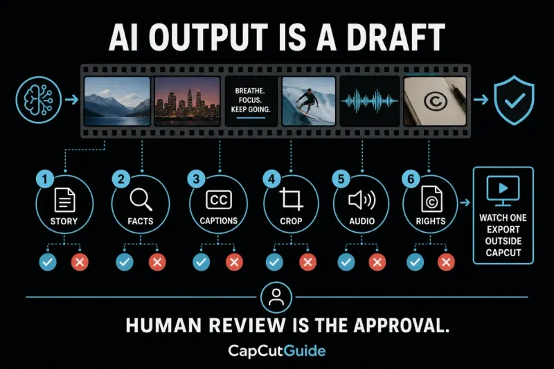 Human review checklist for CapCut AI output covering story facts captions crop audio rights and outside-app export