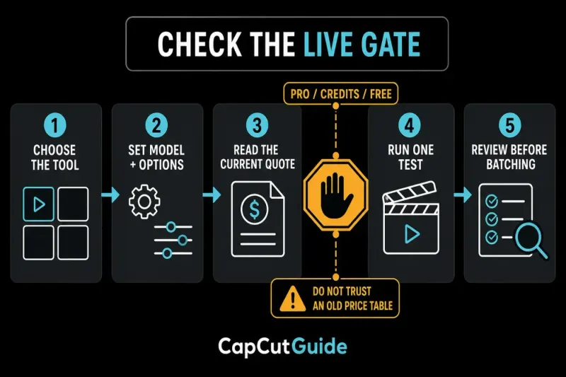 Five-step check of the current CapCut Pro credit or free gate before running and batching an AI task