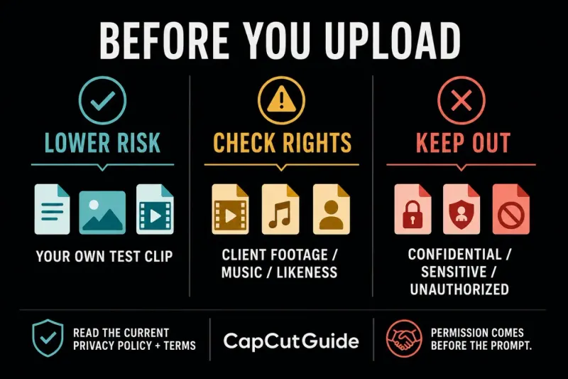CapCut AI upload decision chart for owned test clips client footage music likeness confidential and unauthorized material