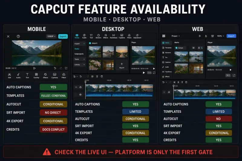 CapCut feature availability matrix across Mobile Desktop Web plans regions and credits