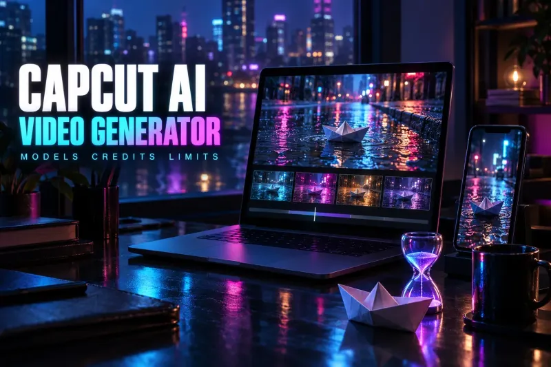Laptop with a paper boat clip in a rainy neon street above four variant frames, a phone with the same boat, a glowing hourglass and a mug, under the title CapCut AI Video Generator