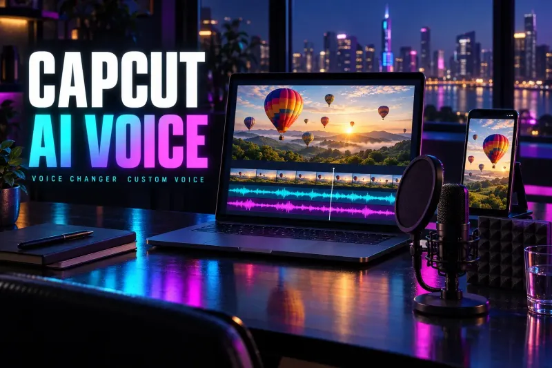Laptop with a hot-air balloon clip above cyan and magenta voice waveforms, a phone with the same balloons, a condenser microphone with a pop filter, under the title CapCut AI Voice