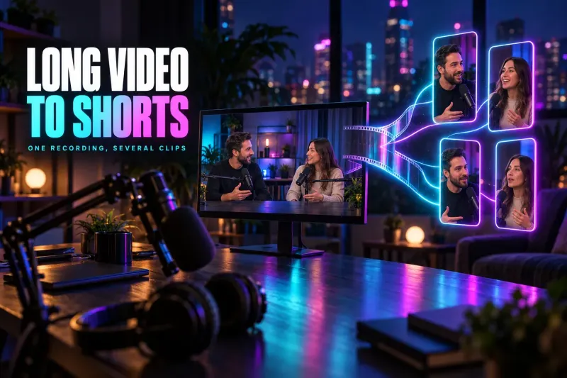 Desk monitor showing two podcast hosts at microphones, with a film strip splitting into four vertical clips of each speaker, under the title Long Video to Shorts