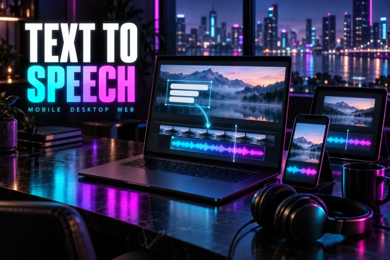 Laptop with a selected text box over a misty lake, a cyan arrow into a glowing voice waveform on the timeline, a phone and tablet with matching waveforms, under the title Text to Speech