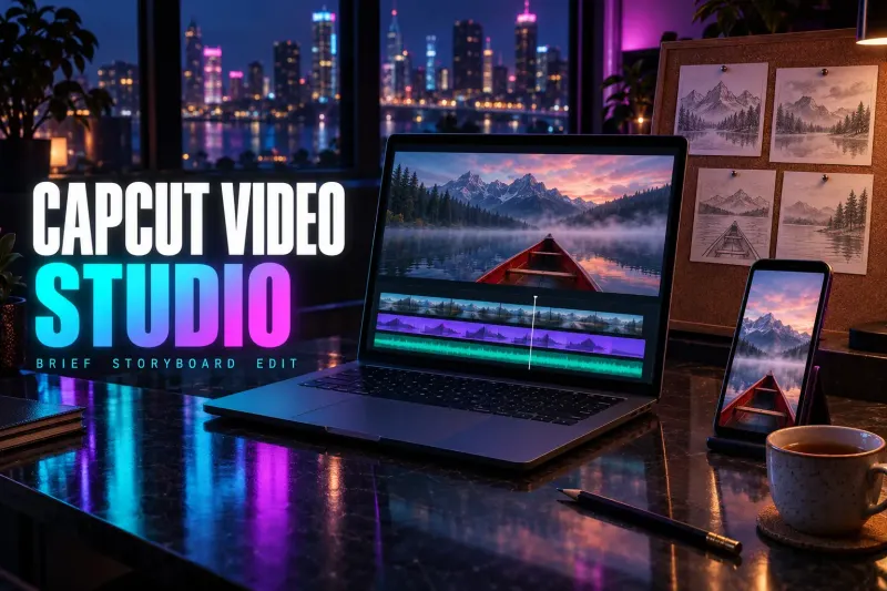 Laptop with a red canoe on a misty mountain lake above a timeline, a phone with the same scene, a corkboard of pencil storyboard sketches and tea, under the title CapCut Video Studio