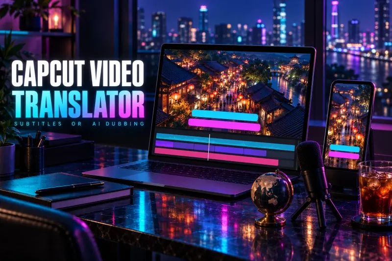 Laptop with a lantern-lit night market clip and two blank caption bars, a phone with the same street, a desk globe, a podcast microphone and iced tea, under the title CapCut Video Translator