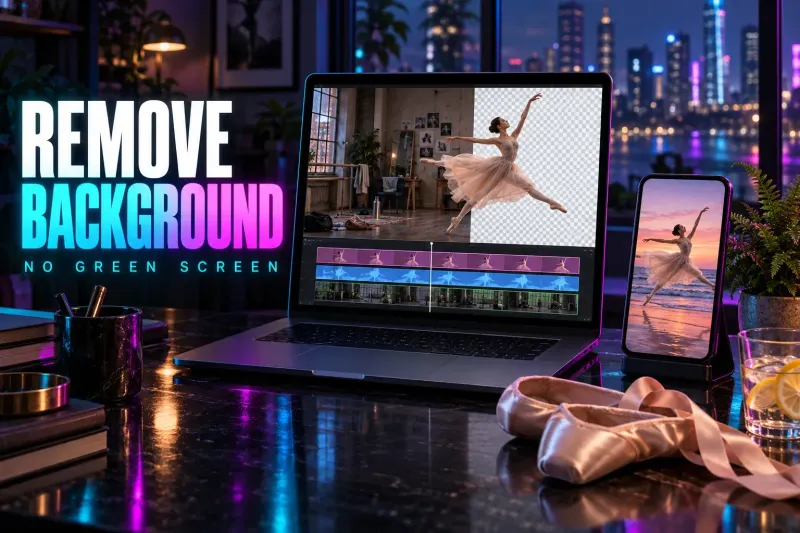 Laptop with a ballet dancer cut out of a rehearsal room over a transparency checkerboard, a phone with her on a sunset beach, pointe shoes and a fern, under the title Remove Background
