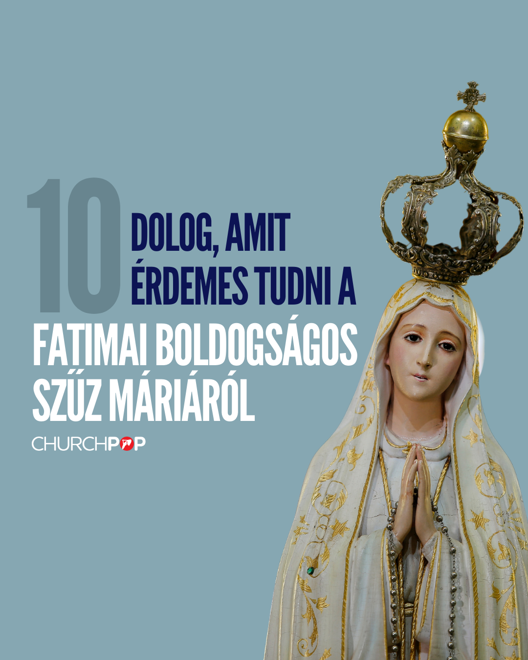 Szűzanya szobor, rózsafüzért imádkozó Szűzanya, aranyozott palást, fatimai korona