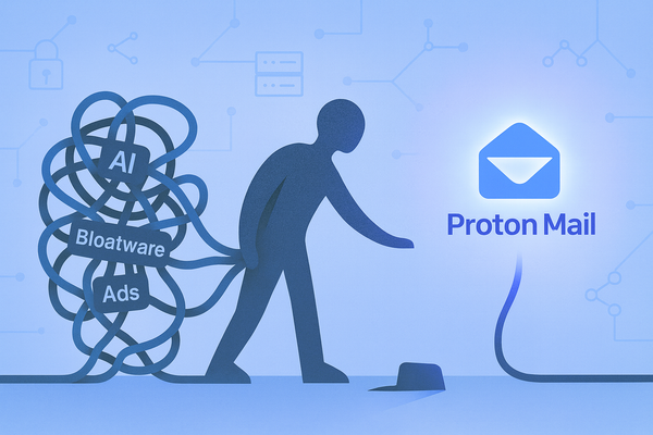 Illustration of a person simplifying their email system — disconnecting from Microsoft’s complex ecosystem and connecting to Proton Mail, representing privacy, autonomy, and systems thinking.