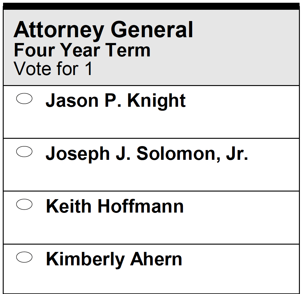 Sample ballot for the Democratic gubernatorial primary. The heading reads “Attorney General | Four Year Term | Vote for 1”. The options are, in order, “Jason P. Knight”, “Joseph J. Solomon, Jr.”, “Keith Hoffman”, and “Kimberly Ahern”.