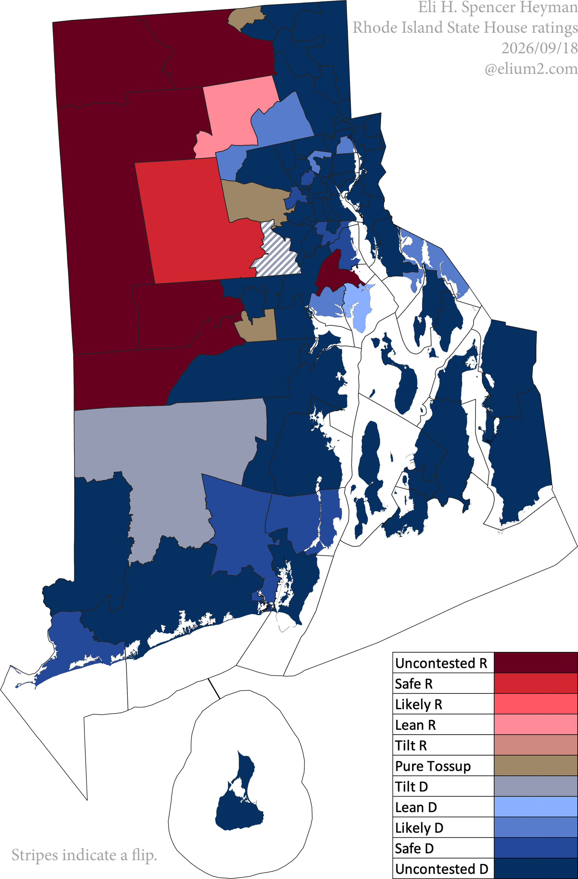 The map shows 49 Uncontested Democratic districts, seven Safe Democratic (7, 13, 18, 19, 33, 35, 37), five Likely Democratic (5, 23, 44, 59, 67), one Lean Democratic (22), two Tilt Democratic (15-flip, 39), three Pure Tossup (27, 42, 49), one Lean Republican (42), one Safe Republican (41), and six Uncontested Republican (21, 28, 29, 40, 47, 48).