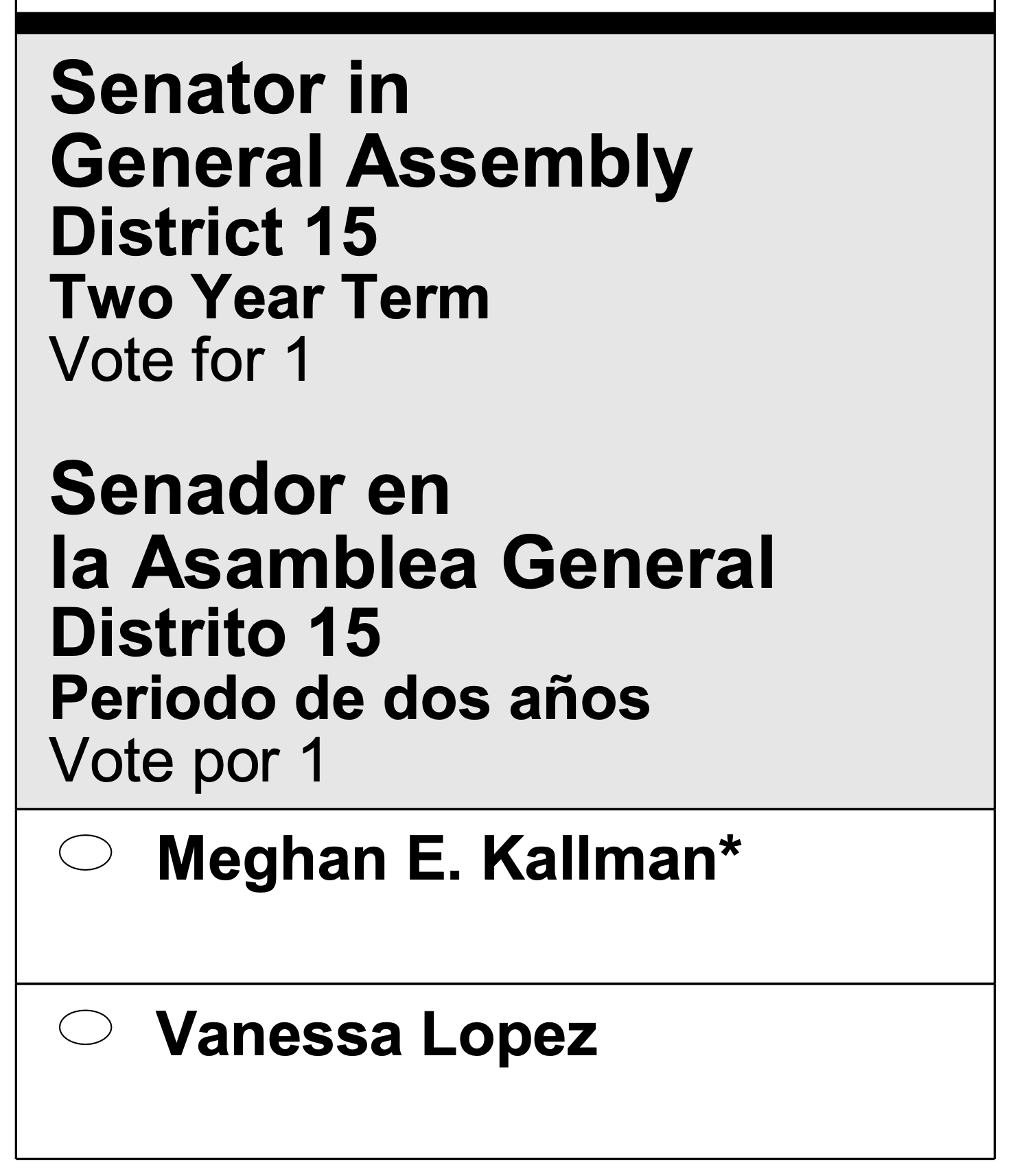 The heading says “Senator in General Assembly | District 15 | Two Year Term | Vote for 1” and then, equally large, “Senador en la Asamblea General | Distrito [quince] | Periodo de dos años | Vote por [uno]”. The options are “Meghan E. Kallman” (asterisked) and “Vanessa Lopez”.