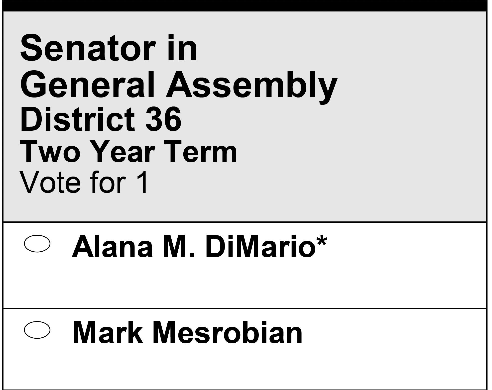 The heading says “Senator in General Assembly | District 36 | Two Year Term | Vote for 1”. The options are “Alana M. DiMario” (asterisked) and “Mark Mesrobian”.