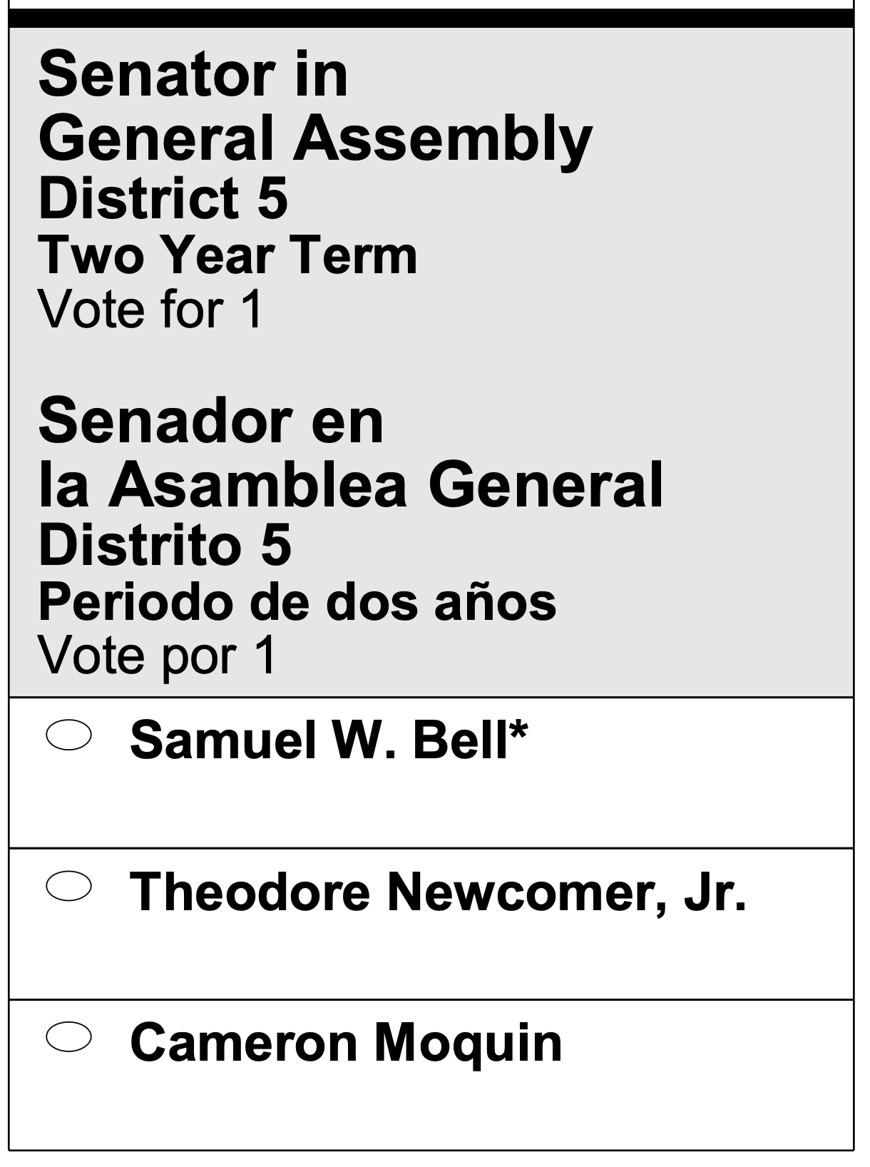 The heading says “Senator in General Assembly | District 5 | Two Year Term | Vote for 1” and then, equally large, “Senador en la Asamblea General | Distrito 5 | Periodo de dos años | Vote por [uno]”. The options are “Samuel W. Bell” (asterisked), “Theodore Newcomer, Jr.”, and “Cameron Moquin”.