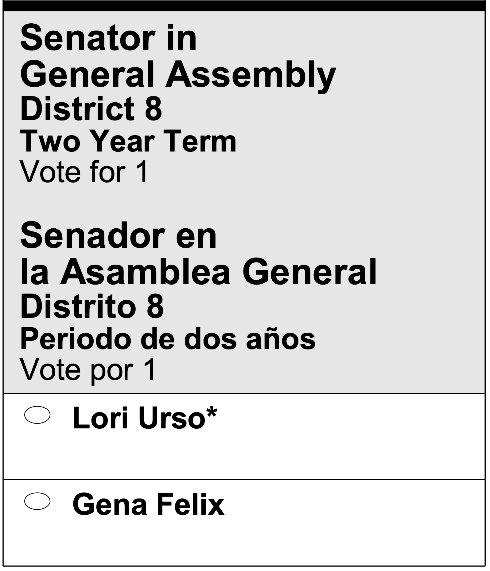 The heading says “Senator in General Assembly | District 8 | Two Year Term | Vote for 1” and then, equally large, “Senador en la Asamblea General | Distrito [ocho] | Periodo de dos años | Vote por 1”. The options are “Lori Urso” (asterisked) and “Gena Felix”.