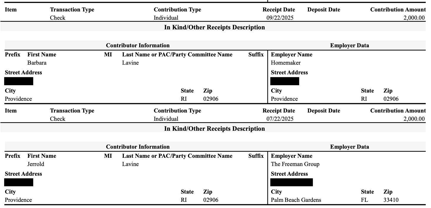 Barbara Lavine gave the Smiley campaign $2,000 on Sept. 22, and Jerrold Lavine gave $2,000 on July 22, both by check. Both gave an address on Providence's East Side, and Lavine gave an employer matching his subsequent obituary.