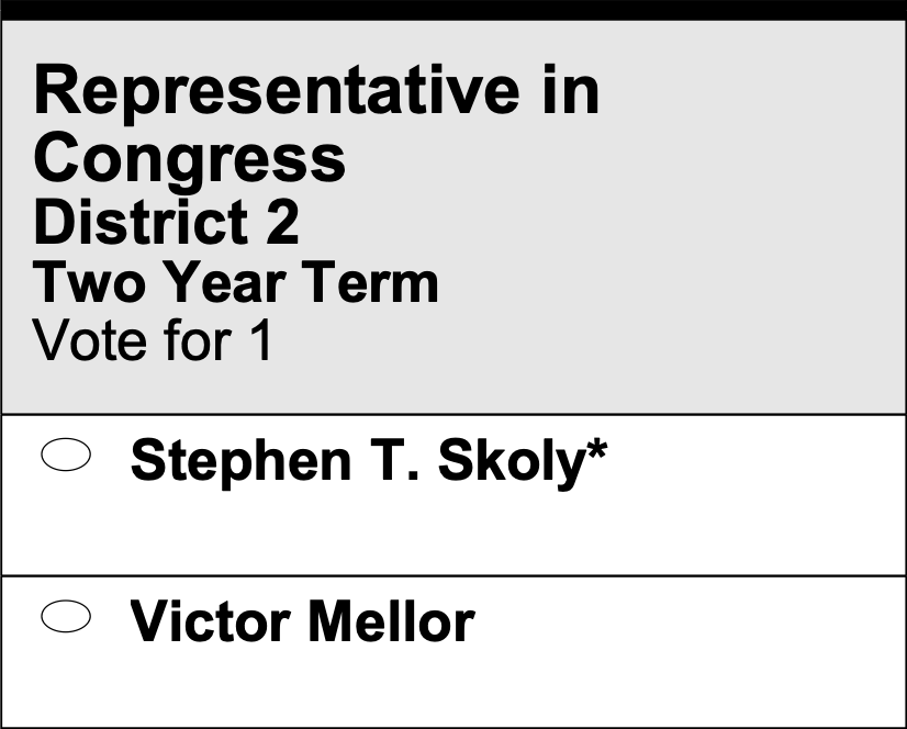Sample ballot for the Republican U.S. House primary for District 2. The heading reads “Representative in Congress | District 2 | Two Year Term | Vote for 1”. The options are “Stephen T. Skoly*”, and “Victor Mellor”. Each appears with a bubble next to his name.