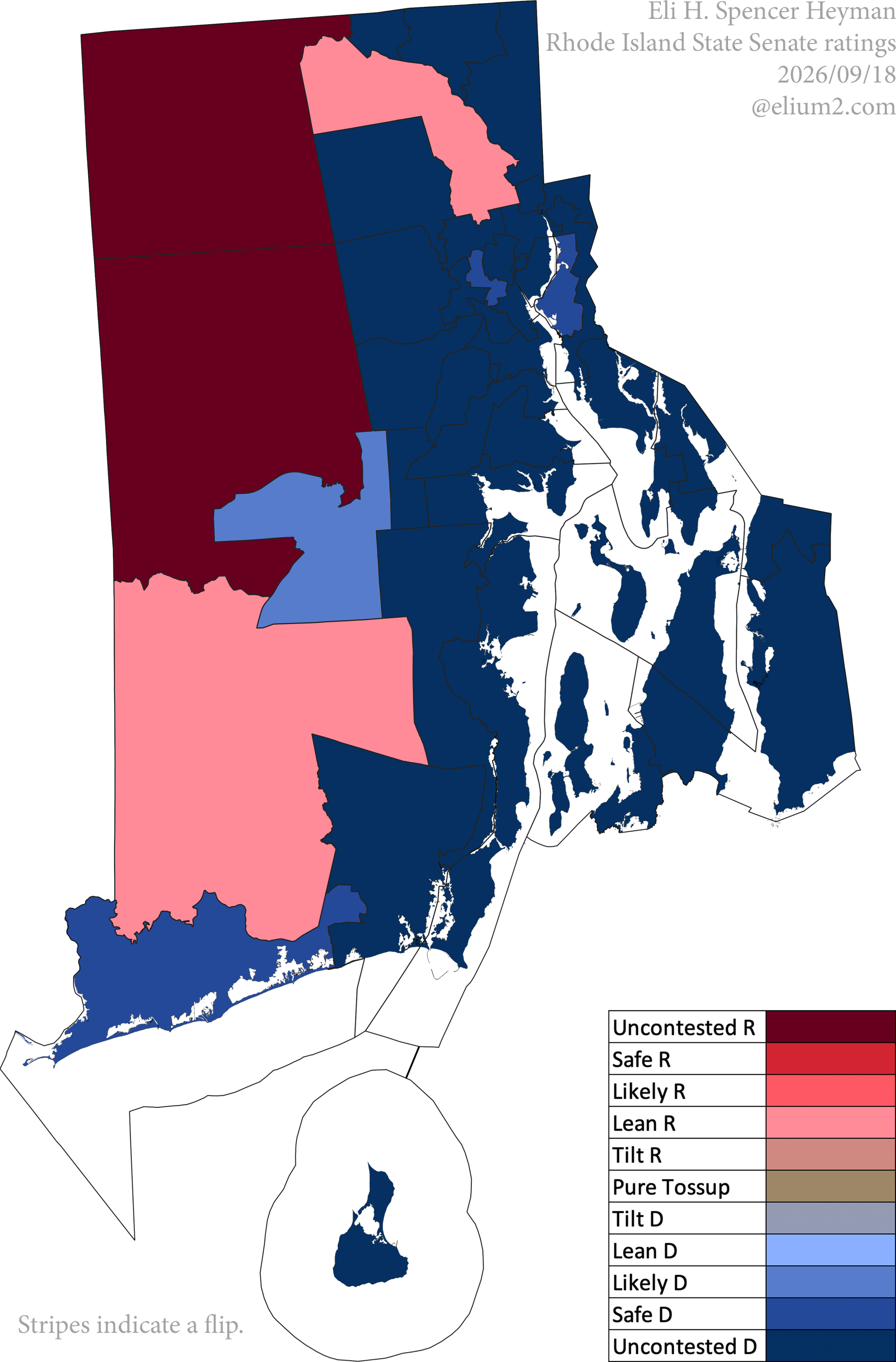 Map showing 30 Uncontested Democratic seats, 3 Safe Democratic (5, 14, 38), 1 Likely Democratic (33), 2 Lean Republican (17, 34), and 2 Uncontested Republican (21, 23).