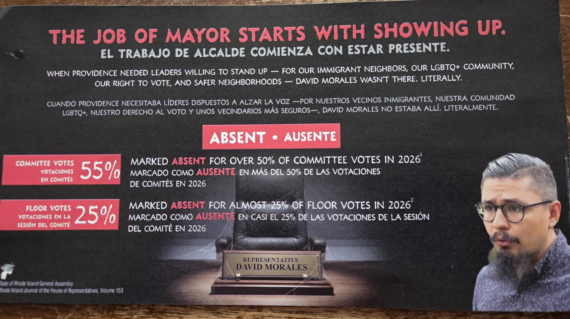 Backside of mailpiece. “The job of mayor starts with showing up. When Providence needed leaders willing to stand up —&nbsp;for our immigrant neighbors, our LGBTQ+ community, our right to vote, and safer neighborhoods – David Morales wasn't there. Literally.”&nbsp;It then says “Absent”&nbsp;on a red background and says that Morales was absent for 55% of 2026 committee votes and 25% of 2026 floor votes. The chair from the front is featured again, and a photo of Morales (not obviously altered) appears at right. All text includes a Spanish translation.
