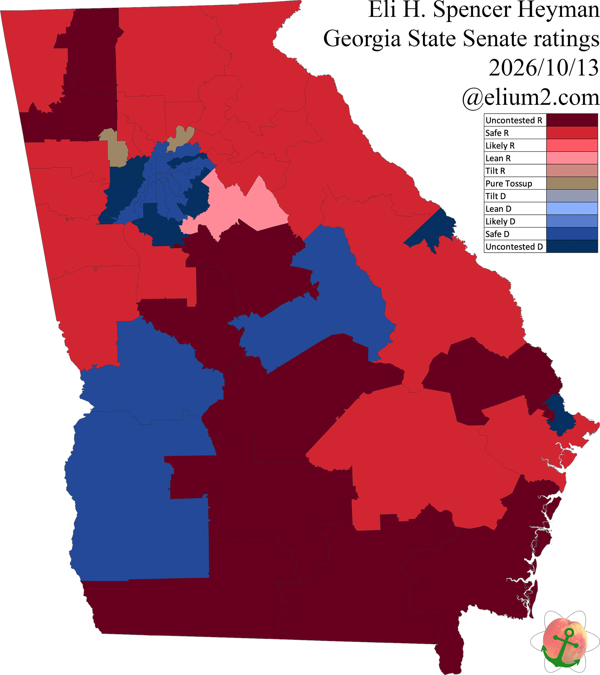 Map of my State Senate ratings, showing SDs 37 and 48 (both Republican-held) are Pure Tossups, SD 42 is Lean Republican, 30 seats are Safe or Uncontested Republican, and 23 seats are Safe or Uncontested Democratic.