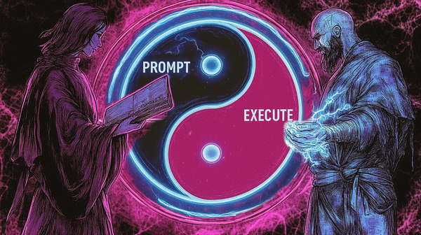 A Yin-Yang symbol labeled "PROMPT" on the left and "EXECUTE" on the right. On the left side, a mystical female magician Prompting. On the right side, a  technomancer Executing.