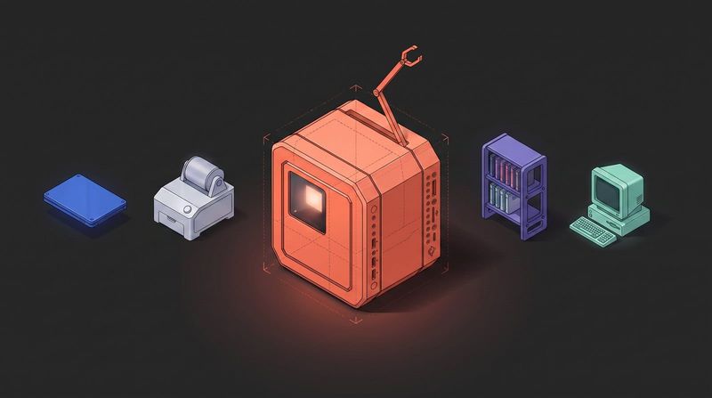 Eight small isometric machines on a dark shelf