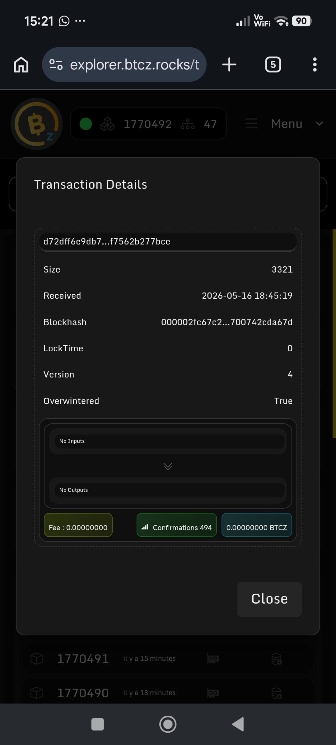BitcoinZ block explorer — no inputs no outputs no trace