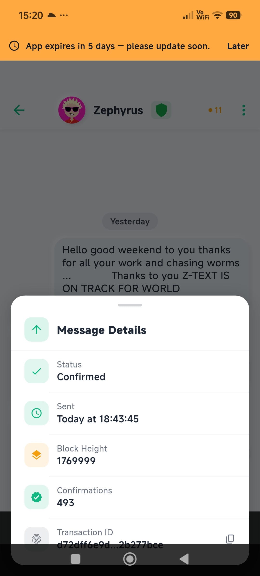 Z-TEXT message details — blockchain transaction confirmed