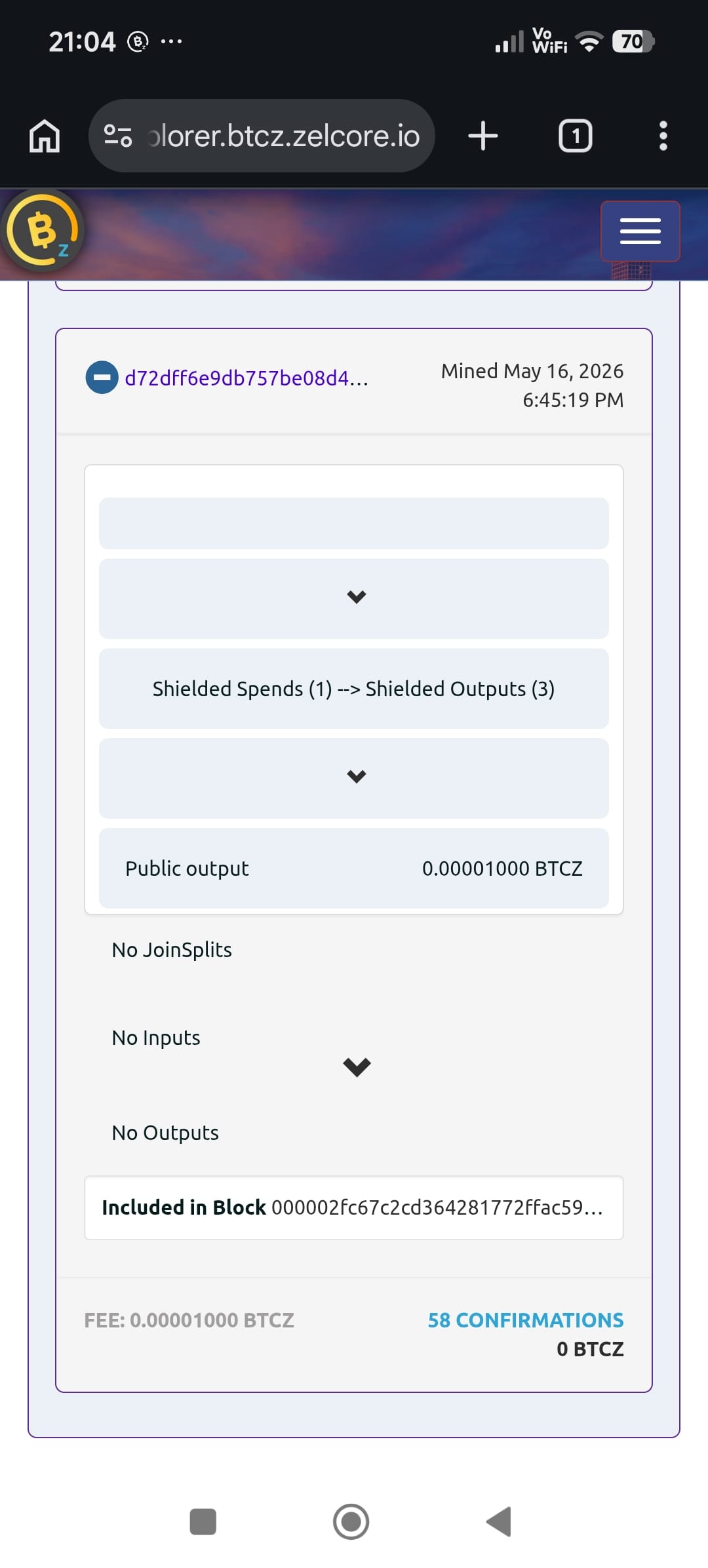 Z-TEXT on the BitcoinZ blockchain — zero trace, shielded transaction